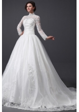 A-Line High Neck Organza Wedding Dress with Chapel Train with Appliques