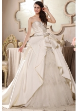 A-line Sweetheart Beading Bow Ruching Chapel Train Wedding Dress