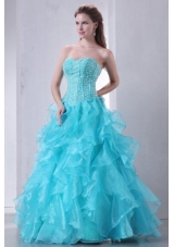 A-line Turquoise Sweetheart Beading and Ruffles Quinceanera Dress