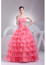 Appliques and Ruffles Layered Strapless Watermelon Quinceanera Dress