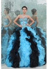 Aqua and Black Sweetheart Beading and Ruffles Quinceanera Dress