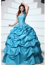 Beading and Pick-ups One Shoulder Teal Taffeta Quinceanera Dress