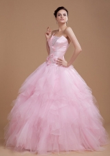 Beading and Ruffles Strapless Organza Quinceanera Dress in Baby Pink