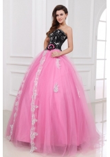 Black and Rose Pink Quinceanera  Dress with Beading and Appliques