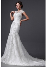 Column High Neck Appliques Lace Wedding Dress with Court Train