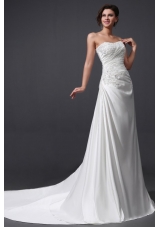 Elegant Column Strapless Ruching and Appliques Wedding Dress with Court Train