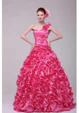 Hot Pink One Shoulder Hand Made Flowers and Ruffles Quinceanera Dress