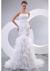 Luxurious Mermaid Strapless Organza 2014 Wedding Dress with Zipper-up