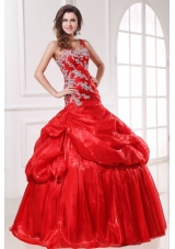 One Shoulder Red Organza Long Quinceanera Dress with Appliques