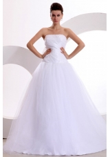 Princess Strapless Ruching Brush Train Tulle Wedding Dress