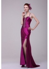 Sexy Column Straps Beading Elastic Woven Satin Brush Train Fuchsia Prom Dress with Criss Cross