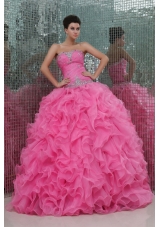 Strapless Rose Pink Organza Beading and Ruffles Quinceanera Dress