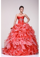 Sweetheart Beading and Ruffles Organza Quinceanera Dress in Red