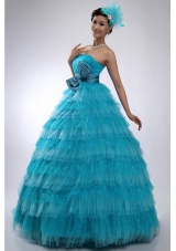 Teal Strapless Tulle and Sequins Long Quinceanera Dress with Bowknot