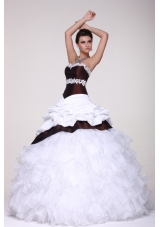 White and Brown Sweetheart Appliques and Ruffles Quinceanera Dress