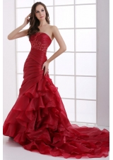 Wine Red Court Train Wedding Dress with Appliques and Ruffles