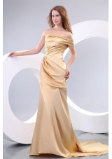 Affordable Column One Shoulder Brush Train Champagne Prom Dress with Ruching