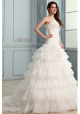 Beading and Flower Strapless Wedding Dress with Ruffles Layered