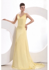 Champagne Column V neck Criss Cross Ruching Prom Dress with Brush Train