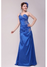 Cheap Column One Shoulder Blue Floor-length Beading Prom Dress