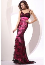 Column Straps Embriodery Prom Dress with Brush Train in Hot Pink