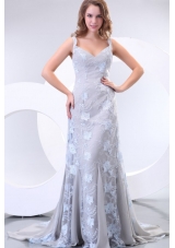 Column Straps Taffeta Grey Embroidery Prom Dress with Brush Train
