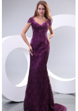 Column V-neck Short Sleeves Appliques Brush Train Prom Dress in Purple