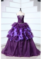 Dark Purple Sweetheart Beading and Ruffles Sweep Train Quinceanera Dress