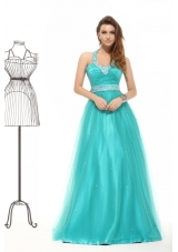 Elegant Aqua Blue Beading A-line Halter Lace Up Tulle Prom Dress