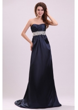 Elegant Empire Strapless Navy Blue Elastic Woven SatiN Beading Prom Dress with Brush Train