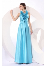 Empire Halter Baby Blue Floor-length Taffeta Hand Made Flowers Popular 2014 Prom Dress