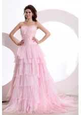 Exquisite A-line Sweetheart Court Train Ruching Pink Prom Dress