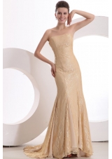 Informal Column Strapless Brush Train Lace Champagne Prom Dress