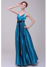 Informal Empire Straps Floor-length Elastic Woven Satin Teal Prom Dress with Beading