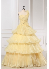 Light Yellow One Shoulder A-line Quinceanera Dress with Beading and Pleats