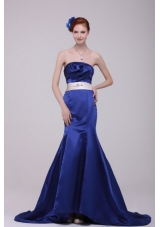 Mermaid Strapless Brush Train Navy Blue Taffeta Sashes Prom Dress