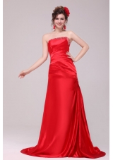 Perfect Column Strapless Brush Train Red Beading and Ruching Prom Dress
