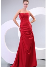 Red Column Sweetheart Brush Train Affordable Ruching Prom Dress with Lace Up