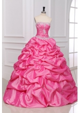 Rose Pink Strapless Appliques and Pick-ups Quinceanera Dress with Taffeta