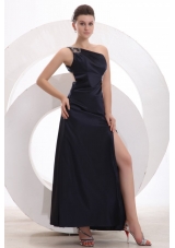 Sexy Column One Shoulder Ankle-length Beading Navy Blue Prom Dress with Criss Cross