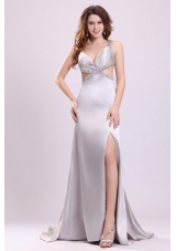 Sexy Column V neck Grey Watteau Train Beading Elastic Woven Satin Prom Dress with Criss Cross