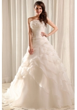 Strapless A-line Hand Made Flowers Sweep Train Wedding Dress