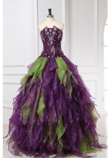 Strapless Green and Purple Organza Quinceanera Dress with Rhinestone