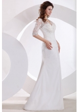 V-neck Column Appliques Long Wedding Dress with Half Sleeves