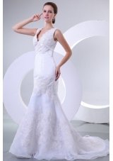 V-neck Mermaid Organza Appliques Wedding Dress for 2014 Spring