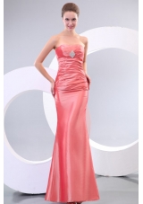 Watermelon Column Strapless Floor-length Taffeta Ruching Prom Dress with Lace Up