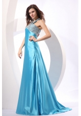 A-line Aqua Blue Halter Top Neck Beading Prom Dress with Sweep Train