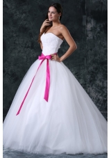 A-Line Beading and Sash Zipper Up Tulle Wedding Dress with Strapless