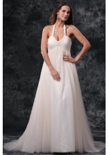 A-Line Halter Court Train Beading Tulle Wedding Dress