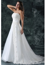 A-Line Straps Appliques Lace Up Tulle Wedding Dress with Court Train